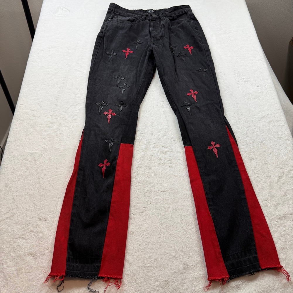 boohooMAN Flare Jeans Mens 28 Black Red Good Cross Embroidery Frayed Hem Edgy